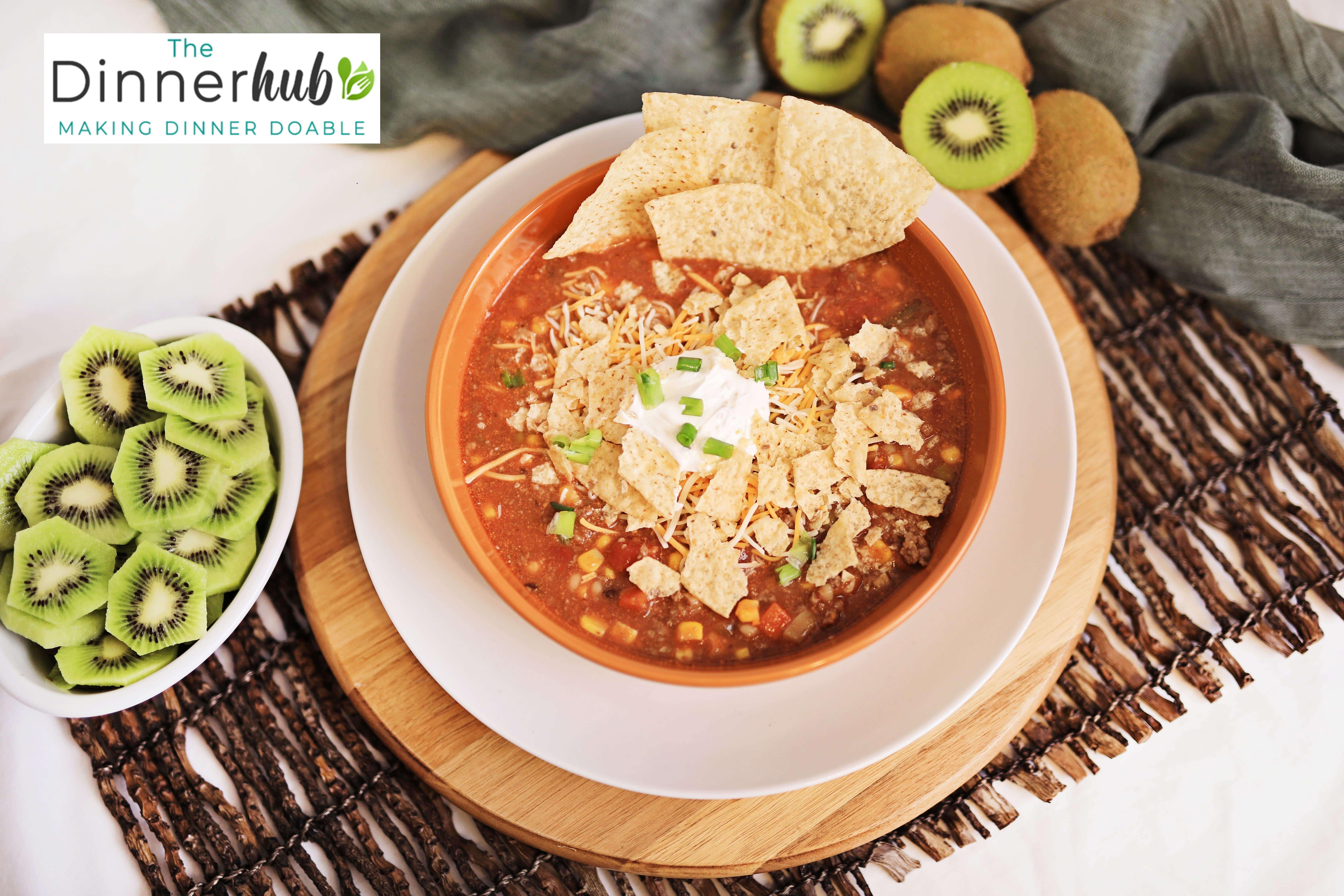 No Bean Taco Soup and Sliced Kiwi